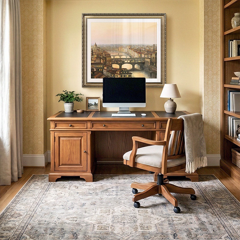 Framed print of a cityscape painting in a traditional office.