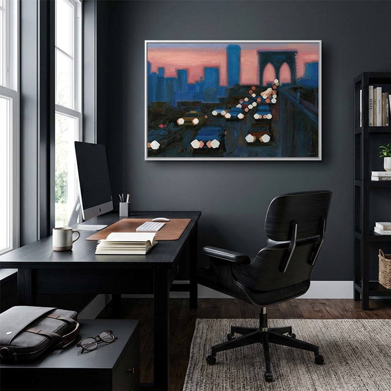 Floating framed canvas print of a painting of traffic in the city