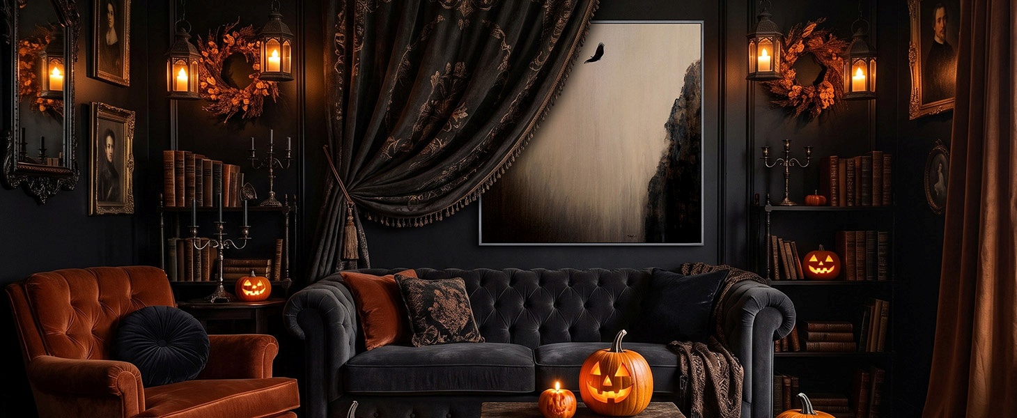 floating frame canvas print of a bird flying over a gloomy mountain in a room decorated for Halloween