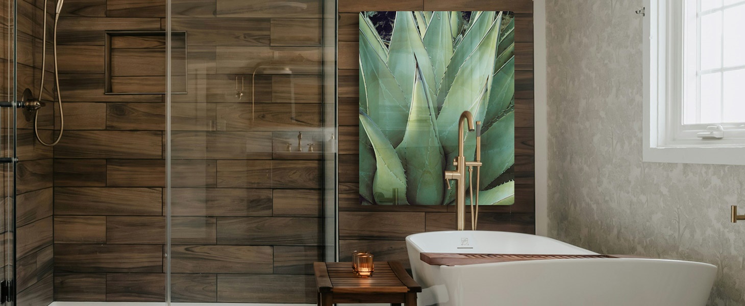Metal print of a photograph of a succulent in a bathroom
