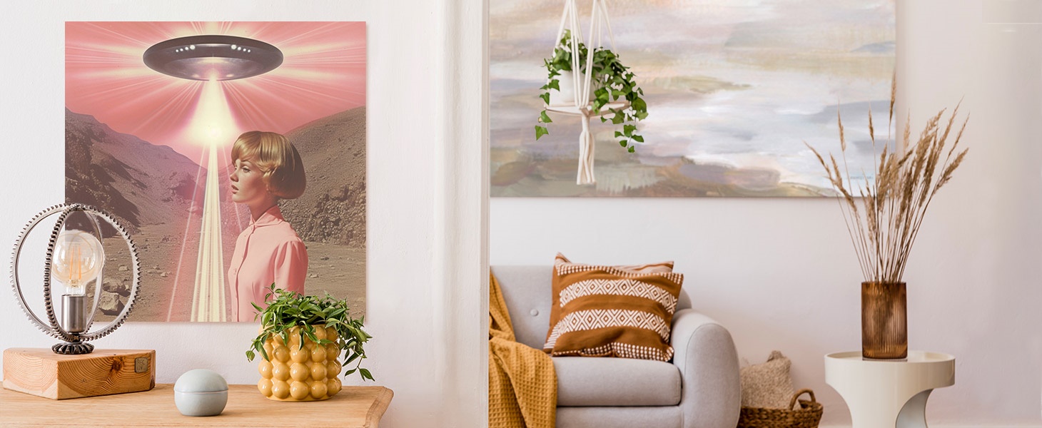 Poster print of a photo collage of a woman and spaceship on the wall in a living room