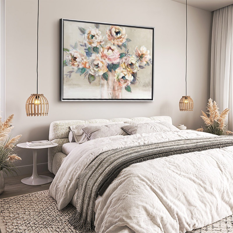 large framed canvas print of a still life painting of flowers in a bedroom