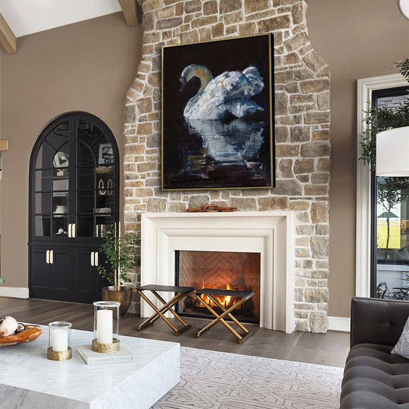 huge framed canvas art print of a painting of a swan hanging over a fireplace