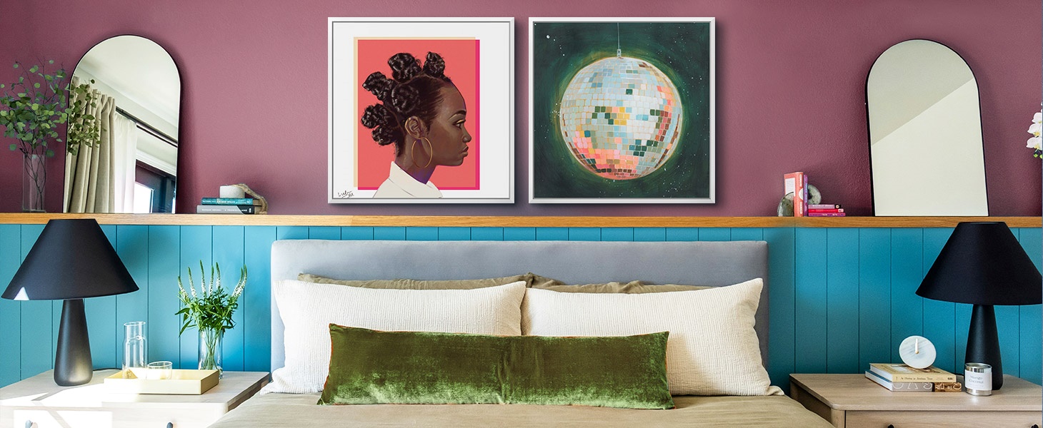 Two contemporary paintings on canvas in a floating frame hanging in a colorful bedroom
