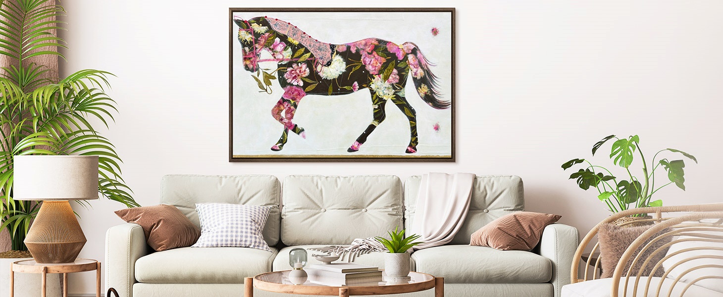 Framed art of a floral horse painting in a bright living room