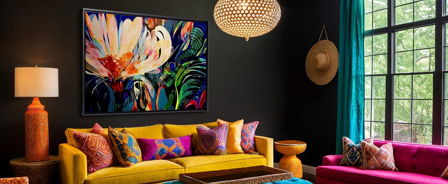 floating frame canvas of an abstracted, colorful floral in a living room