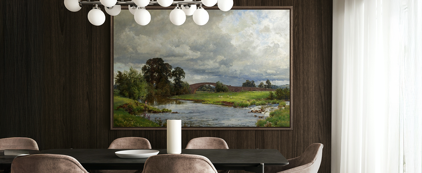 Large scale floating frame canvas print of a landscape painting in a modern dining room.