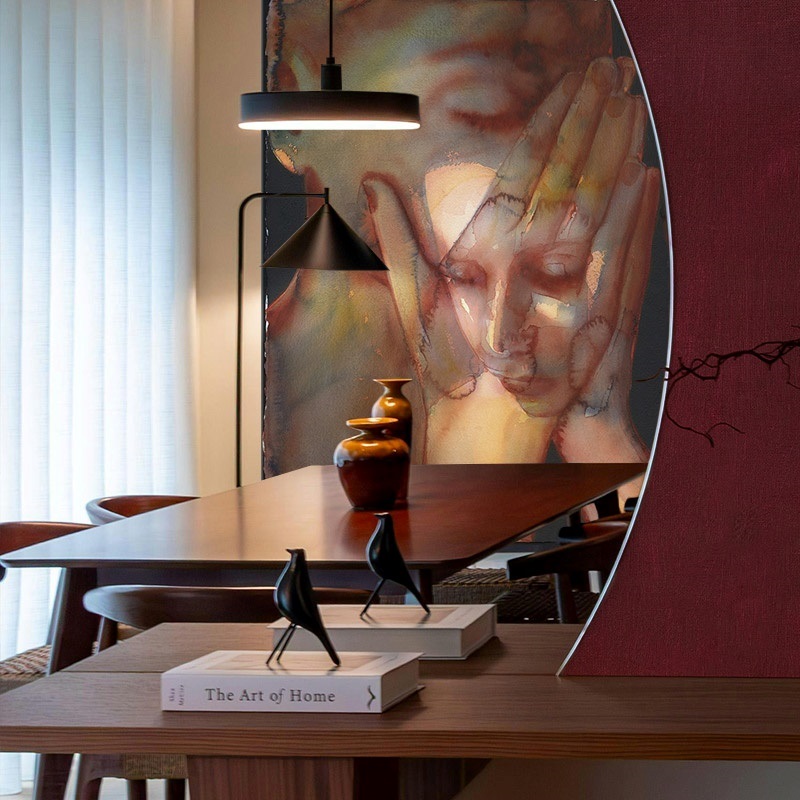 Canvas print of a painting of a woman reflected in a mirror in a dining room
