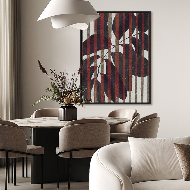 graphic lineart botanical framed canvas print in a modern dining room