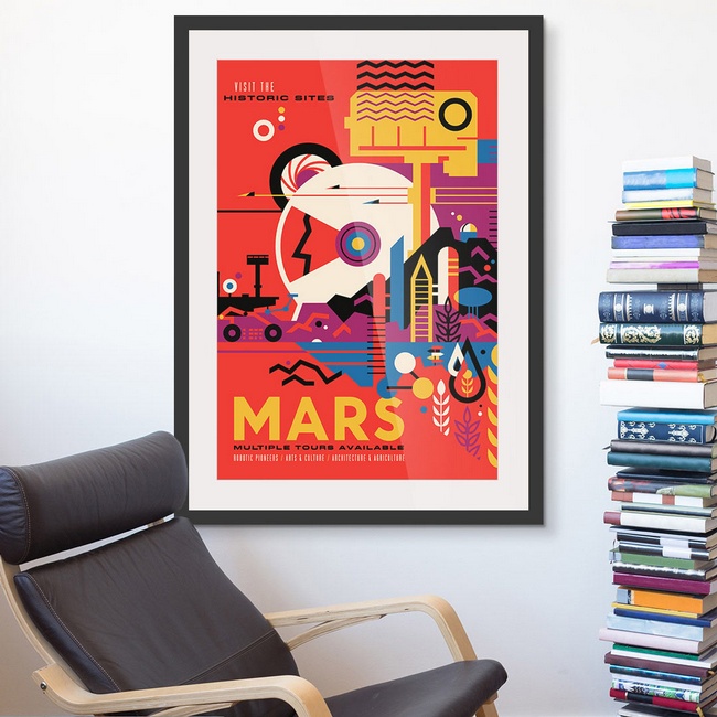 Colorful Vintage Travel Poster in a Modern Workspace