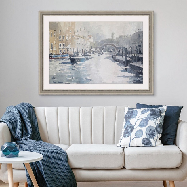 Blue and Grey Winter Art in Living Room