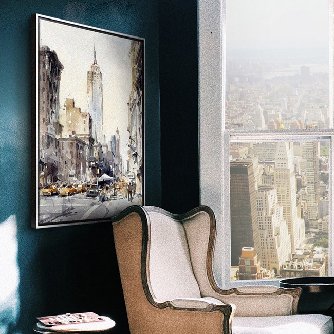 Traditional Living Room Decor with a Watercolor Cityscape Art Print