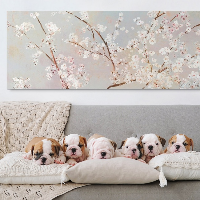 Cherry Blossom Painting in Neutral Living Room