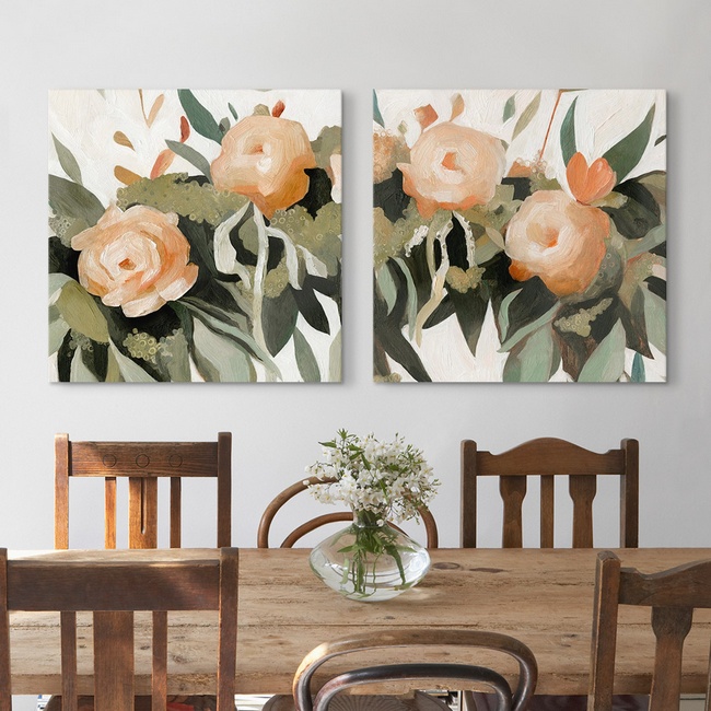 Rustic Farmhouse Dining Room with Vivid Floral Art