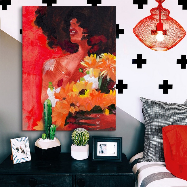 Contemporary Bedroom with Bright Portrait Art