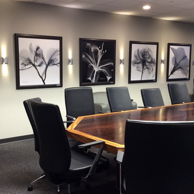 Modern Board Room with Black and White Floral Art