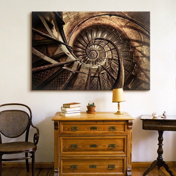Industrial Spiral Staircase Art in Traditional Entryway