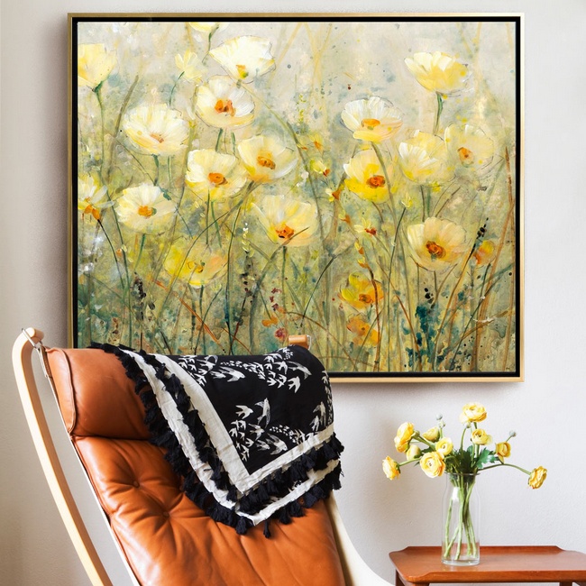 Yellow Floral Art for a Mid-Century Living Area