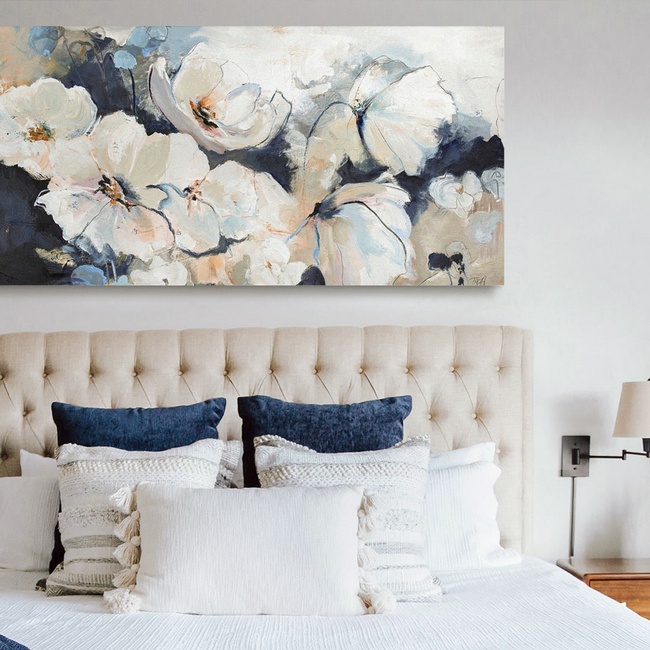 Navy Floral Art in a Coastal Bedroom