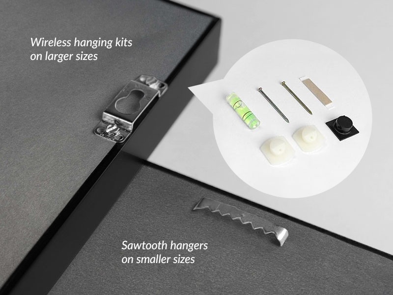 Image showing hanging hardware. Wireless hanging kits on larger sizes; sawtooth on smaller sizes.