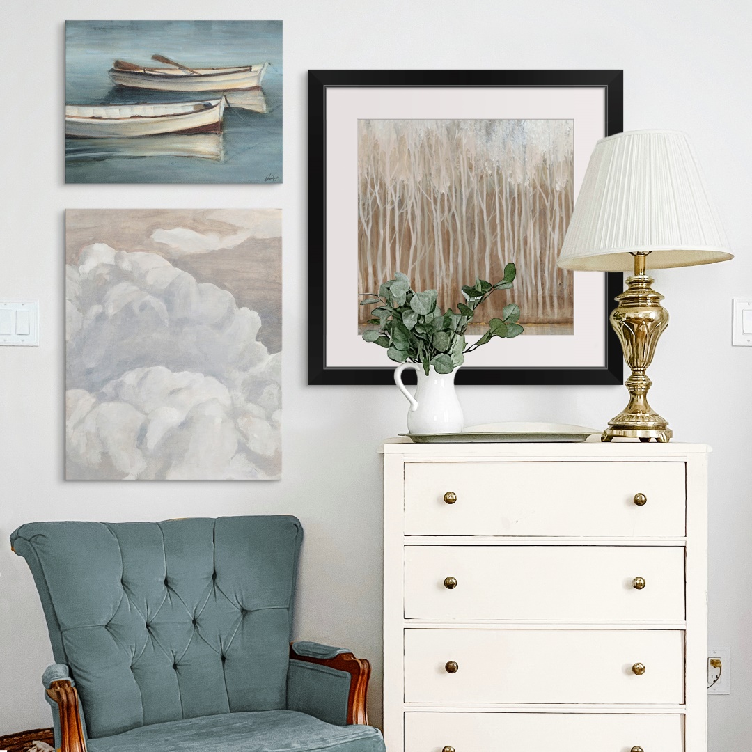 an array of lake inspired canvas and framed art prints on a wall