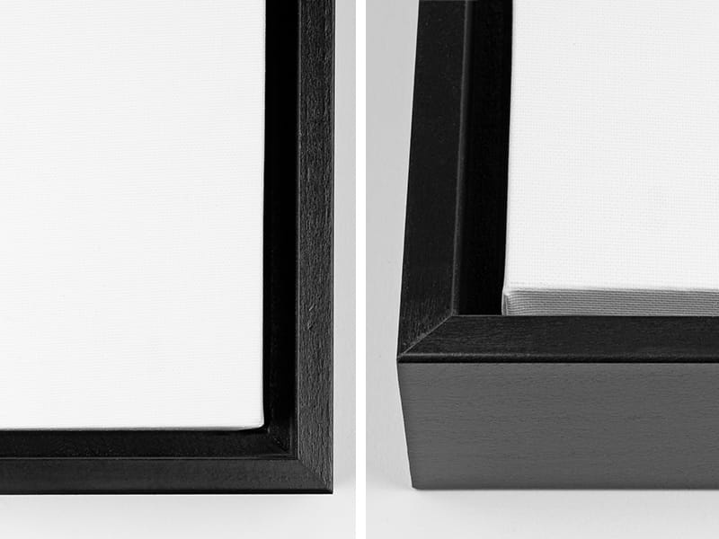 Close-up views of the corners of a canvas with a black floating frame