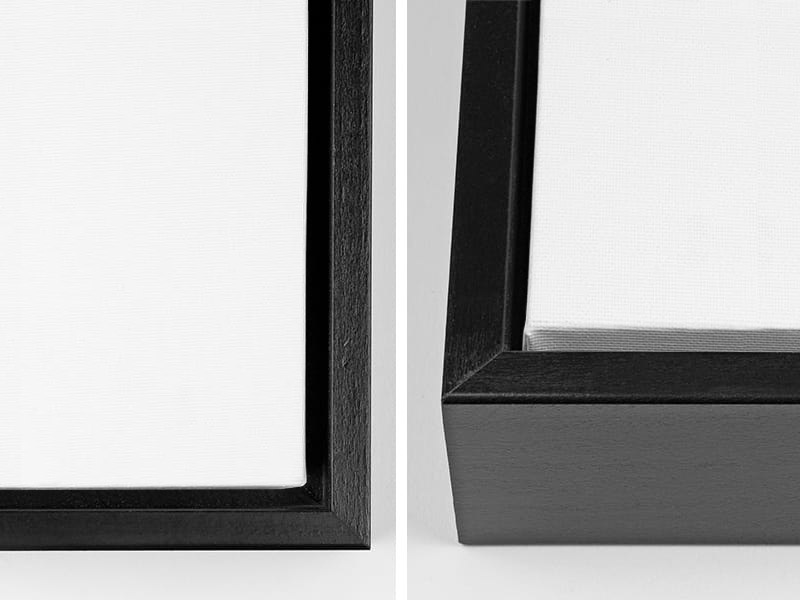 Close-up views of the corners of a canvas with a black floating frame