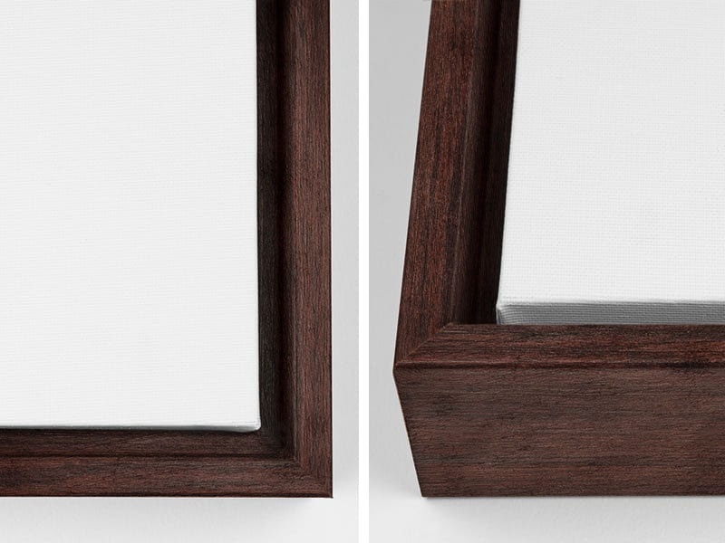 Close-up views of the corners of a canvas with a walnut floating frame