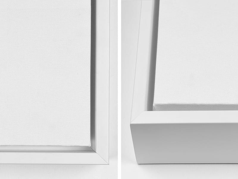 Close-up views of the corners of a canvas with a white floating frame