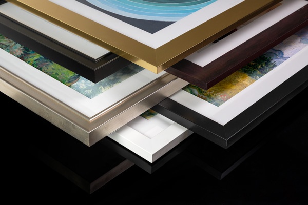 six framed art prints stacked in a way that shows the different frame options