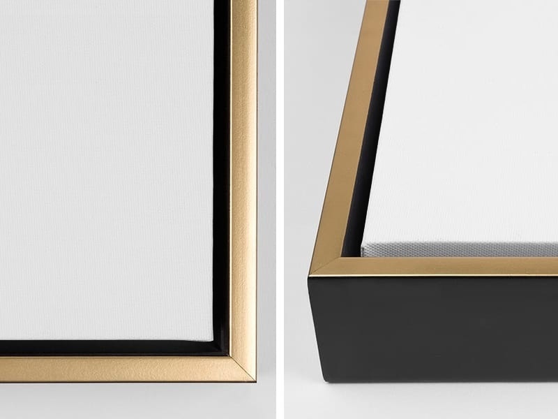 Close-up views of the corners of a canvas with a gold floating frame