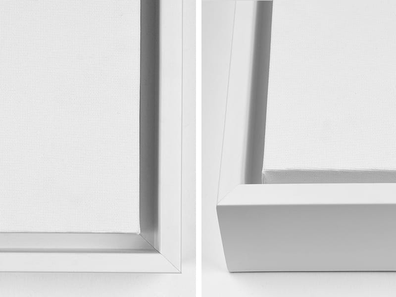 Close-up views of the corners of a canvas with a white floating frame