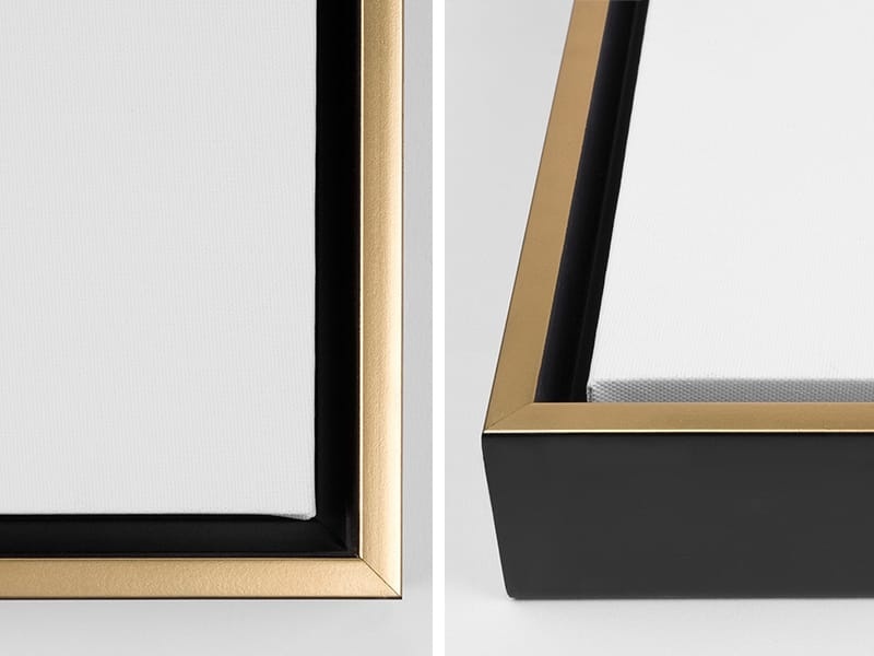 Close-up views of the corners of a canvas with a gold floating frame