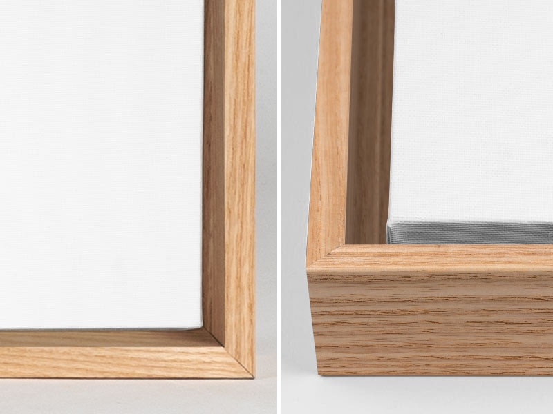 Close-up views of the corners of a canvas with a natural floating frame