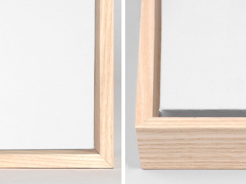 Close-up views of the corners of a canvas with a natural floating frame