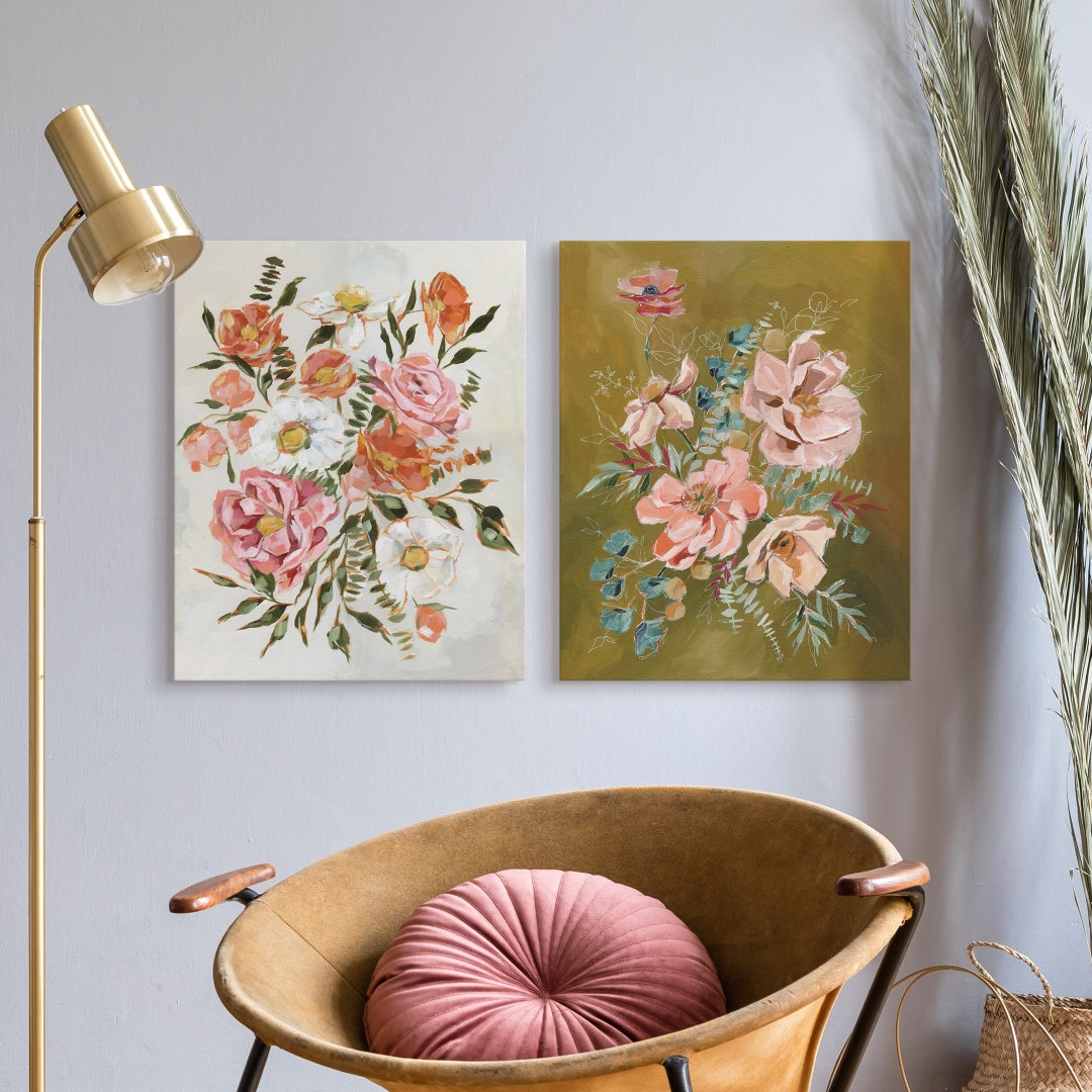 vintage floral art in a bohemian living room