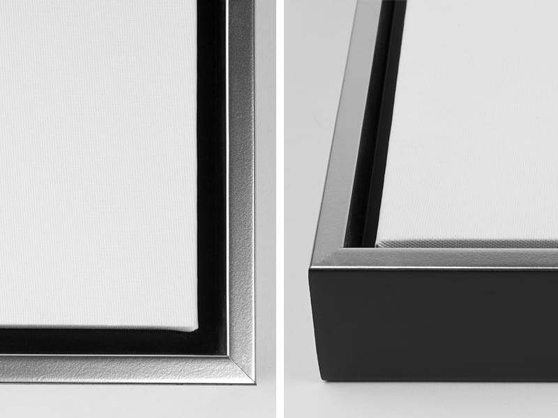 Close-up views of the corners of a canvas with a silver floating frame