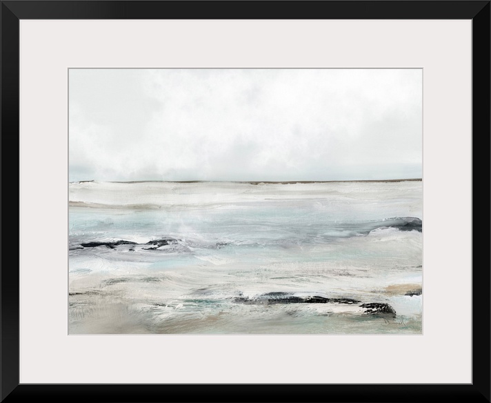 A contemporary abstract seascape with waves washing over dark rocks under a grey sky. Perfect for a beach theme or any coo...