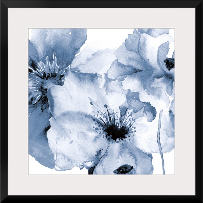 Contemporary watercolor painting of pale blue flowers with broad petals.