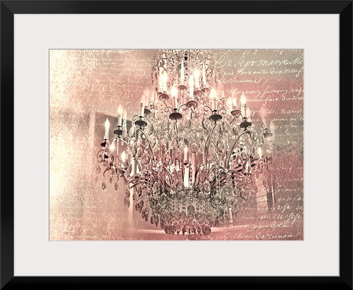 A chandelier on a pink toned background with white handwritten text