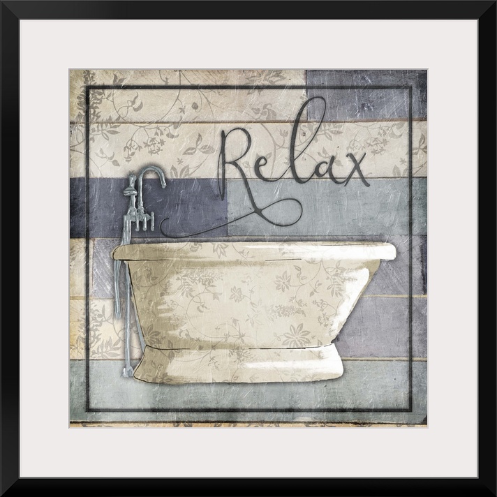 A painting of a bathtub on a multi-color blue wooden panel background with a floral design and the word ?Relax? at the top.