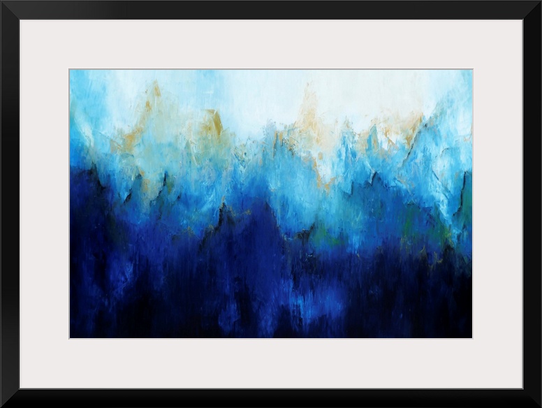 Contemporary abstract painting in shades of blue ranging from pale blue to deep navy.