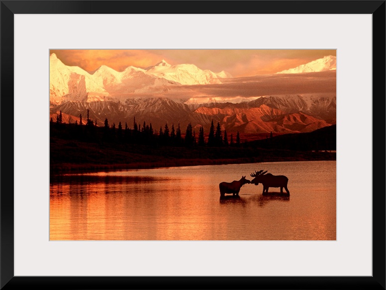 Landscape photograph of a North American lake and mountains at sunset.