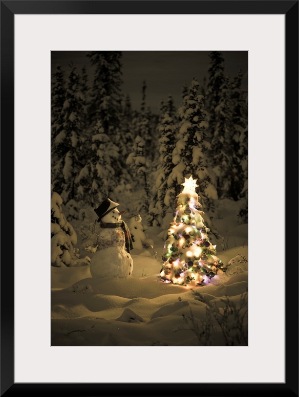 Snowman In Snowcovered Spruce Forest Next To Christmas Tree
