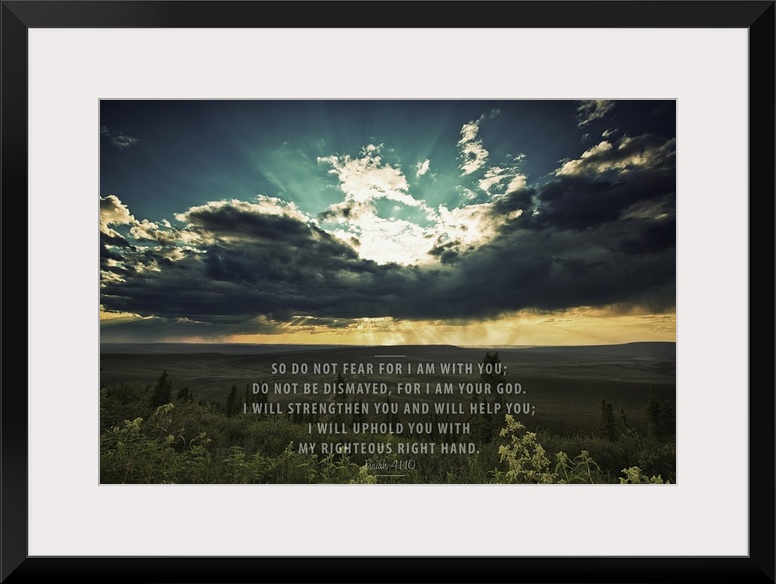 Image Of A Sunset Shining Through Dark Clouds Over A Green Landscape And Scripture From Isaiah 41:10
