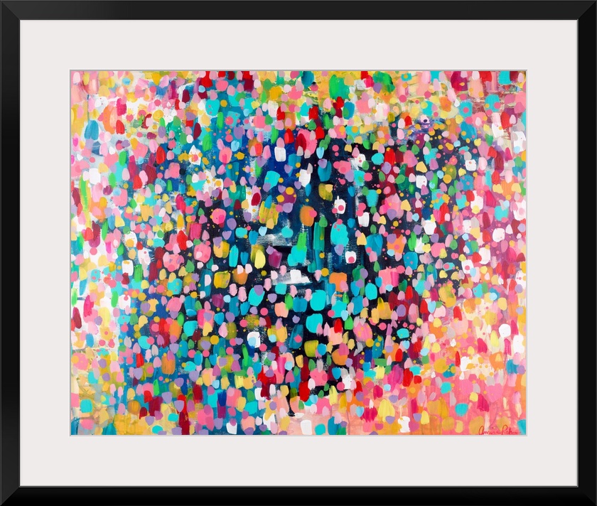 Contemporary abstract painting of vivid multicolored spots, resembling confetti.