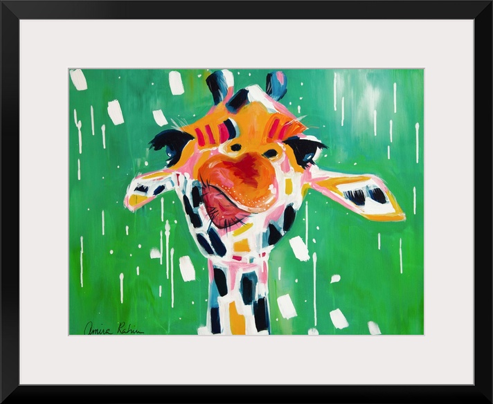 Portrait of a giraffe against a bright green background.