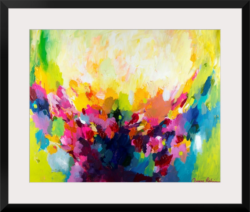 Contemporary abstract painting in bright shades of pink, orange, green, and blue.