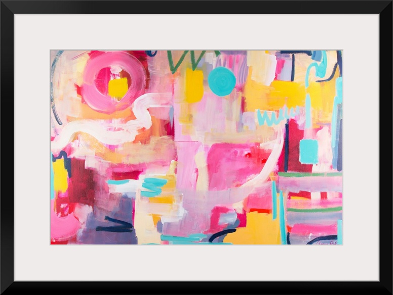 Contemporary artwork in pink, yellow, and turquoise.