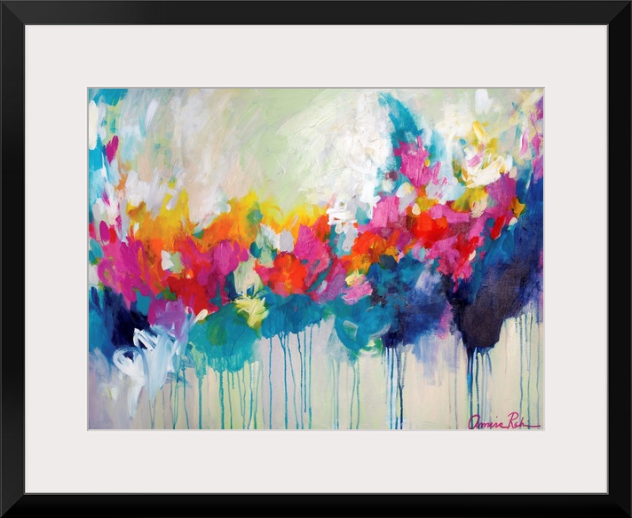 Contemporary abstract painting in vivid shades of red, teal, and deep blue.